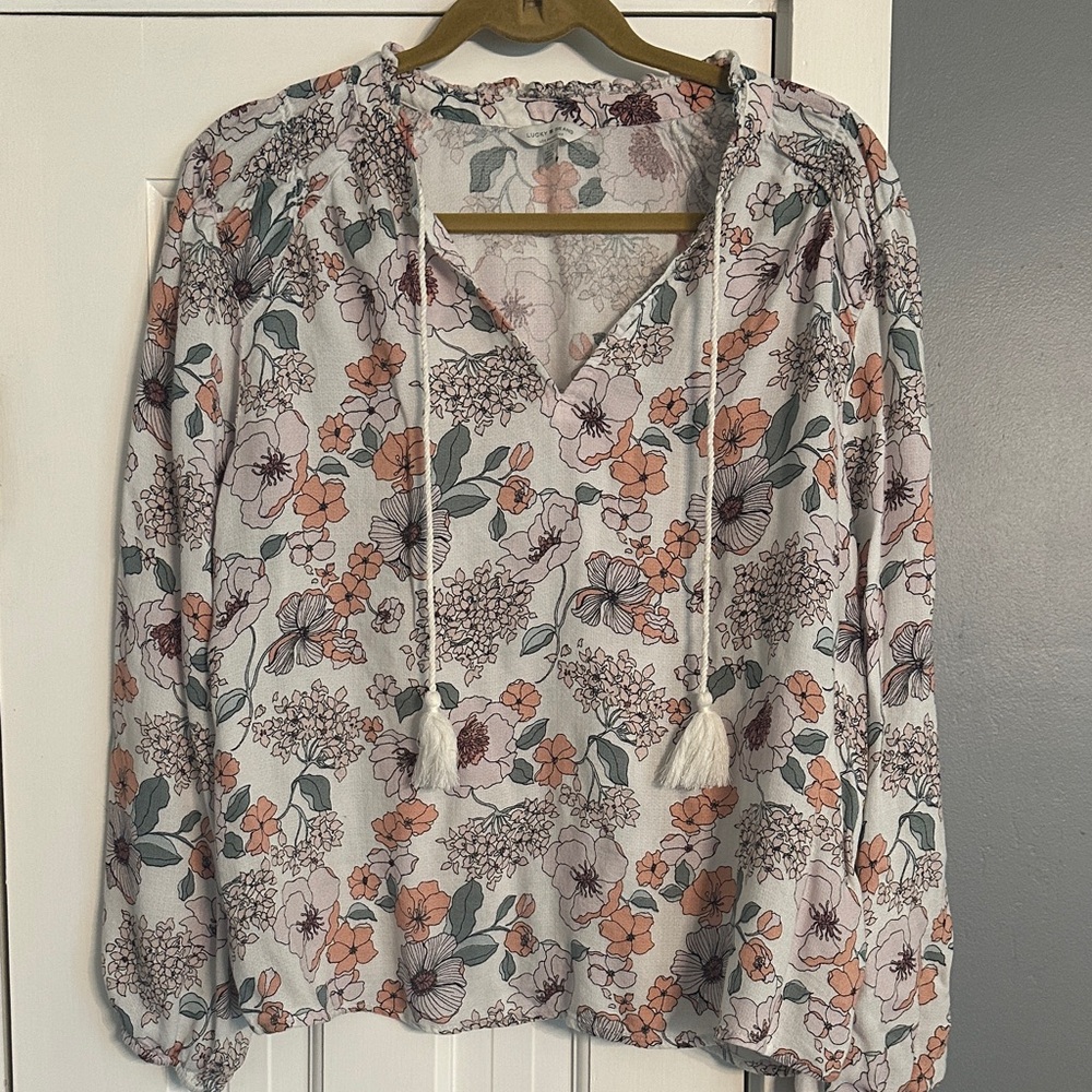 Lucky Brand Floral Boho Tassel Peasant Blouse